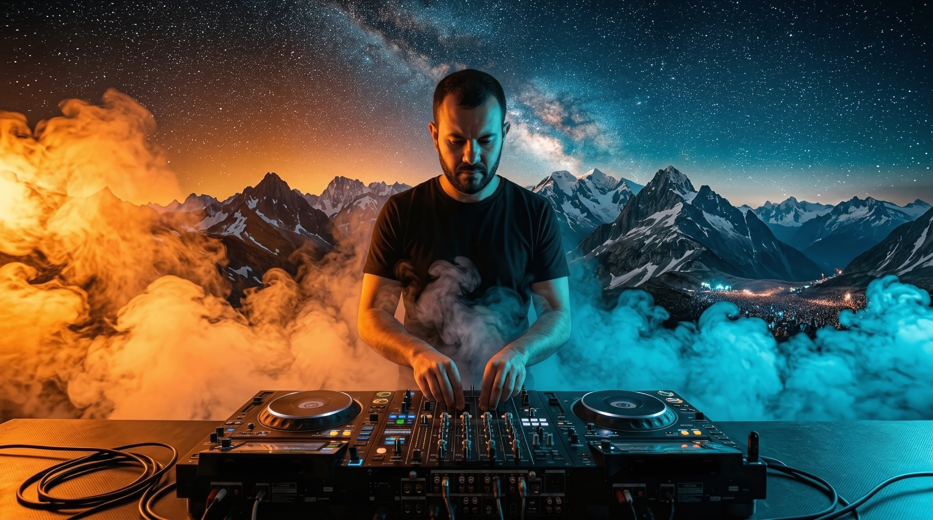 ALDENT performing melodic techno in the Swiss Alps at night